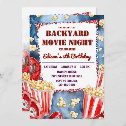 ポップコーンバックヤードムービーナイトバースデーパーティー 招待状 (正面/裏面)