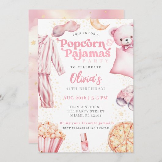 ポップコーンパジャマススリーポバースランバーパーティー誕生日 招待状 (正面/裏面)