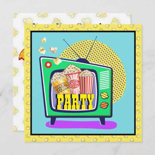 ポップコーンパーティー/映画の夜/スランバーパーティーなど 招待状 (正面/裏面)