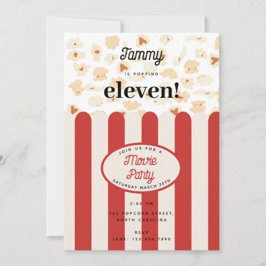 ポップコーンパーティー 誕生日パーティーのテーマ 招待状 (正面)