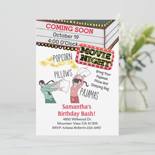 ポップコーンピローズパジャマスガールムービーナイト誕生日 招待状 (スタンド正面)