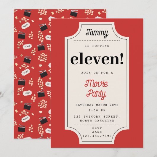 ポップコーンムービーチケットパーティー誕生日パーティーテーマ 招待状 (正面/裏面)