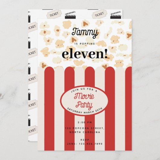 ポップコーンムービーパーティー誕生日パーティーテーマ 招待状 (正面/裏面)
