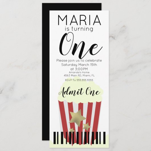 ポップコーンモダンムービーチケットスタイルパーティーインビタ 招待状 (正面/裏面)