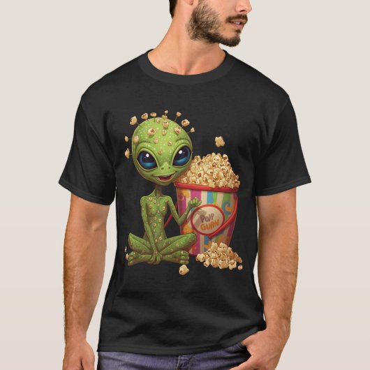 ポップコーン エイリアン – 楽しい映画のお菓子アート Tシャツ (正面)