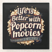 ポップコーン&映画で人生はもっと楽しくなる レトロデザイン ガラスコースター (正面)