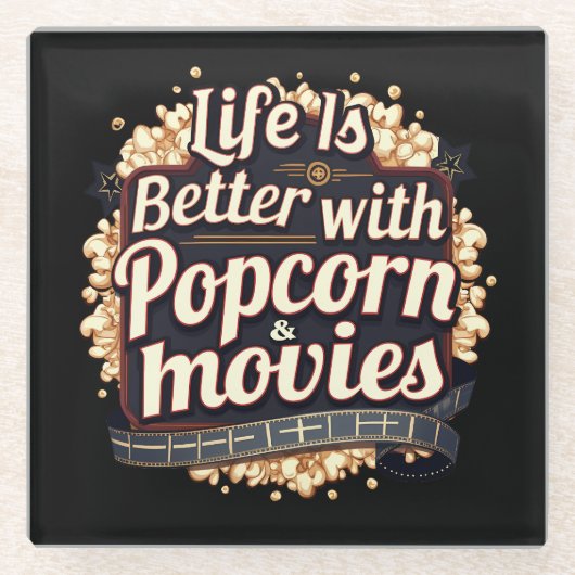 ポップコーン&映画で人生はもっと楽しくなる レトロデザイン ガラスコースター (正面)