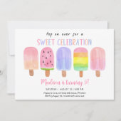 ポップシクルパーティーに来てね ピンクの女の子の誕生日 招待状 (正面)