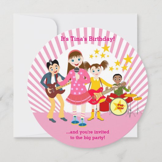 ポップスターの女の子の誕生日パーティー招待状 招待状 (正面)