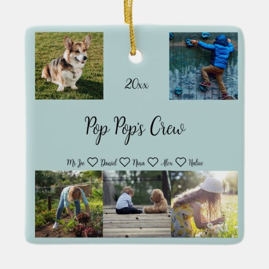 ポップスポップ・アートのクルーカスタム5フォトグリッド、緑 セラミックオーナメント (正面)