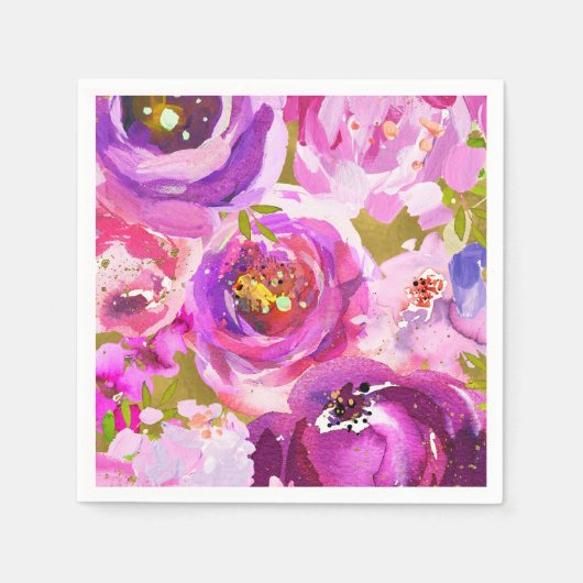 ポップズオブピンクパープル金ゴールドモダントレンディーフローラシック スタンダードカクテルナプキン (正面)