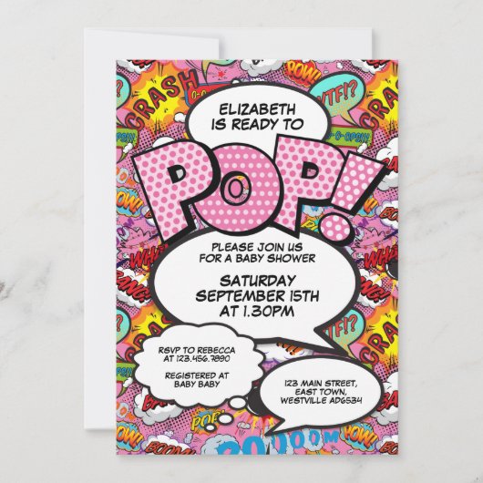 ポップベイビーシャワーモダンピンク 招待状 (正面)