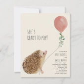 ポップ間近 ハリネズミ ピンク風船 ベビーシャワー 招待状 (正面)