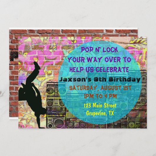 ポップ・アートのなNロックのブレイクダンスの80年代の誕生会の招待 招待状 (正面/裏面)