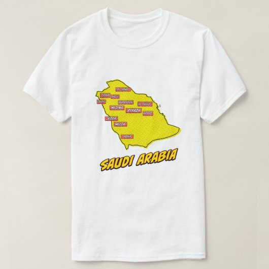 ポップ・アートのアール図解入りの、写真付きのサウジアラビアの地図 Tシャツ (デザイン正面)
