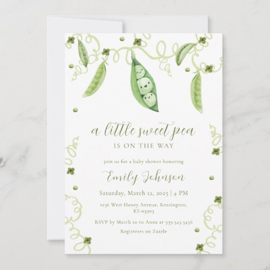 ポッ男女兼用ドのモダンスイートピーの赤ちゃんシャワー 招待状 (正面)