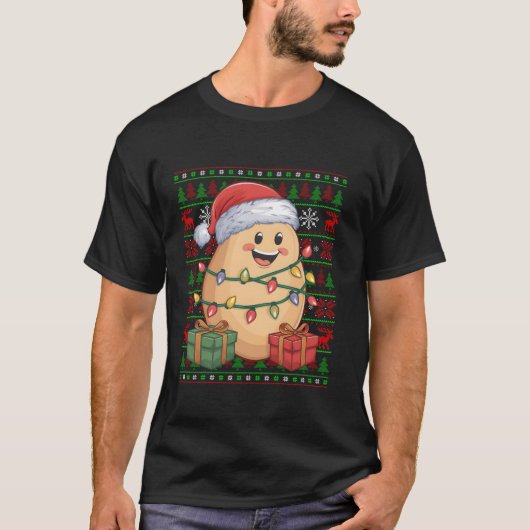 ポテトおもしろいクリスマスライト醜いサンタハットポテトChr Tシャツ (正面)