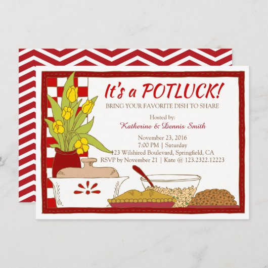 ポトラックパーティーディナーまたはランチ誕生日 招待状 (正面/裏面)