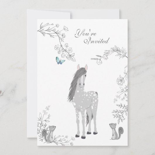 ポニーかわいらしとリスのウッドランドホース誕生日 招待状 (正面)