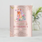 ポニーかわいらし蝶バラ金ゴールドドリップス誕生日 招待状 (スタンド正面)