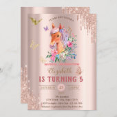 ポニーかわいらし蝶バラ金ゴールドドリップス誕生日 招待状 (正面/裏面)