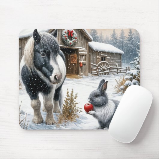 ポニーとウサギがクリスマスファームに マウスパッド (マウス)