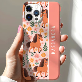 ポニーと花 カスタム 名前入り フローラル デザイン iPhone 15ケース