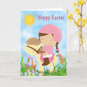 ポニーに乗ったかわいい女の子~馬のハッピーイースター カード (黄色い花)