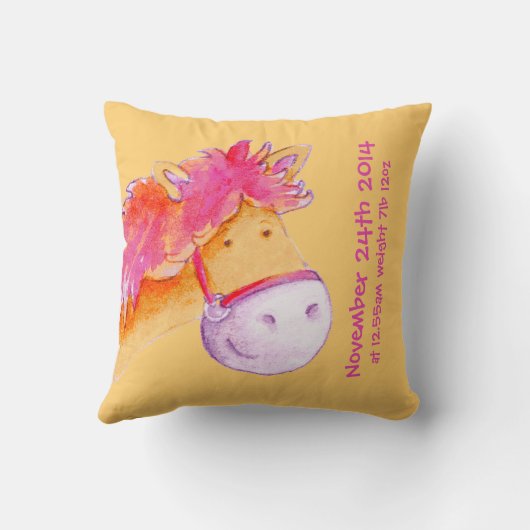 ポニーの名前と誕生生まれたばかりのギフトオレンジ色のピンクピロー クッション (裏面)