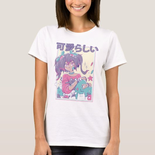 ポニーテールのかわいいアニメの少女 Tシャツ (正面)