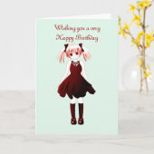 ポニーテールを持つ日本製アニメの女の子とのハッピーバースデー カード (黄色い花)