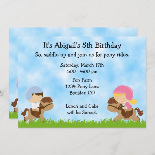 ポニーパーティー誕生日招待状forガールアンドボーイズ 招待状 (正面/裏面)