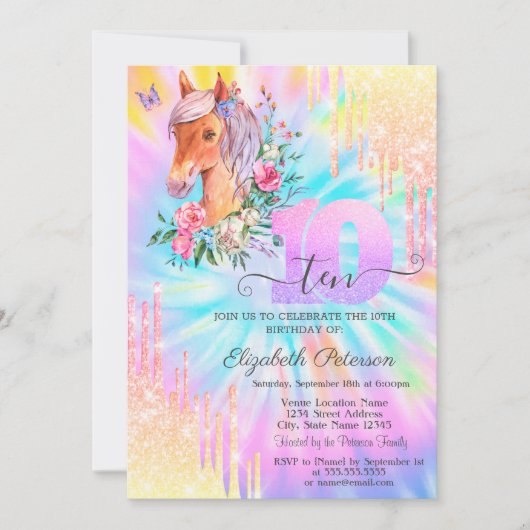 ポニーフローラグリッタードリップス絞り染め10誕生日 招待状 (正面)