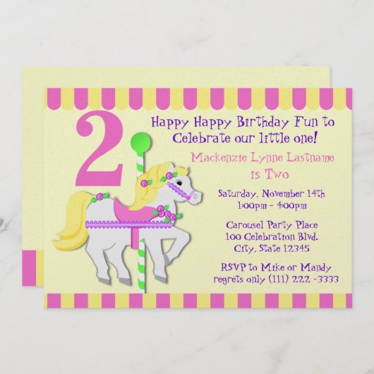 ポニー絵を描バースデーパーティー 招待状 (正面/裏面)