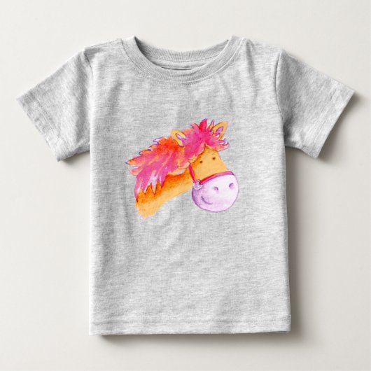 ポニー馬の頭ピンクのオレンジ色の水彩画 ベビーTシャツ (正面)