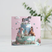 ポニー&キャッスルケーキ子供の誕生日 招待状 (スタンド正面)