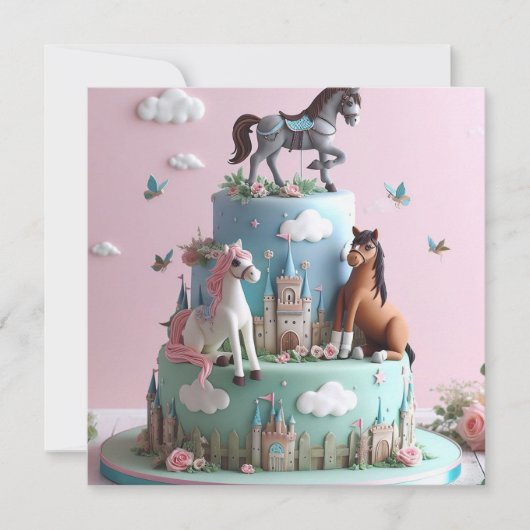 ポニー&キャッスルケーキ子供の誕生日 招待状 (正面)