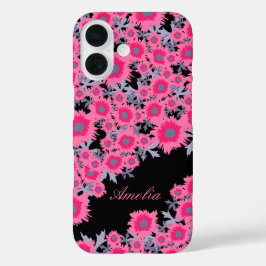 ポピかわいらしックピンク黒のダマスク名電話ケース iPhone 16ケース