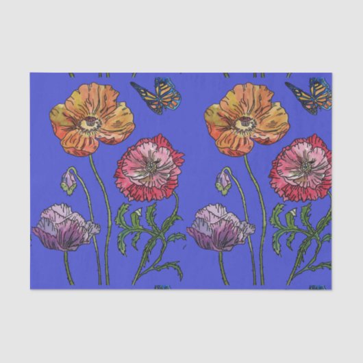 ポピかわいらしー花フローラ青パターン水色 薄葉紙 (正面)