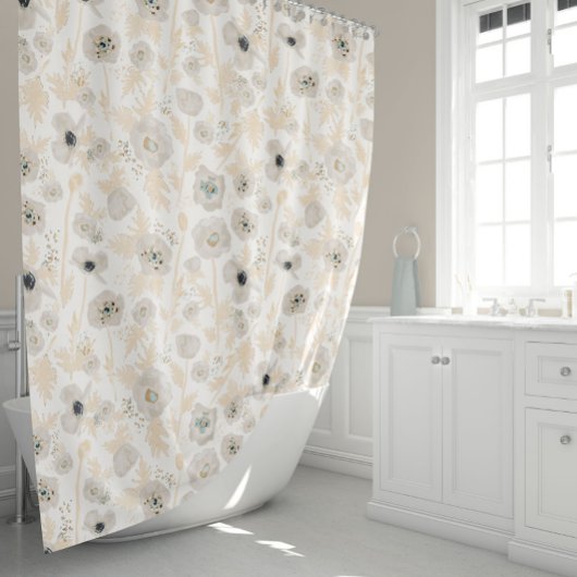 ポピズイエローグレーウォーター色フローラプリント シャワーカーテン