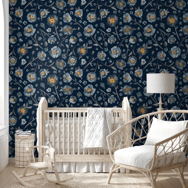 ポピズブルーフローラ植物模様 壁紙 (Poppies Blue Floral Botanical Pattern Wallpaper from Studio Posies.)