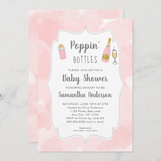 ポピンのボトルピンクの水色のベビーシャワー 招待状 (正面/裏面)