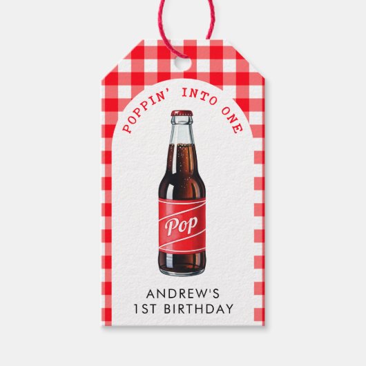 ポピンインワンソーダプレイドレッド1st誕生日パーティー ギフトタグ (正面)