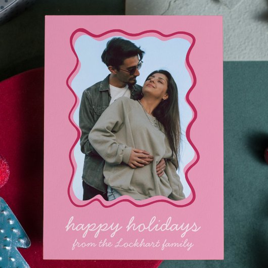 ポピンクの波線手描きファンキーなフレーム写真 シーズンカード