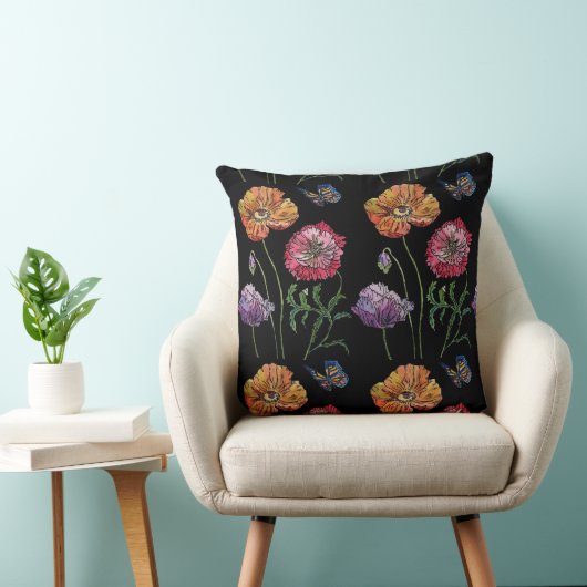 ポピーかわいらしズブラックウォーター色の花フローラ クッション (椅子)