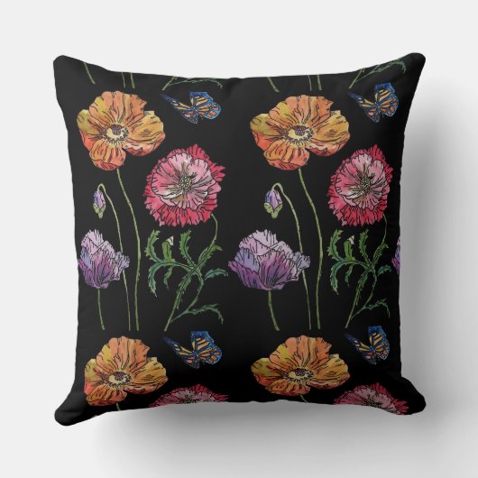 ポピーかわいらしズブラックウォーター色の花フローラ クッション (裏面)