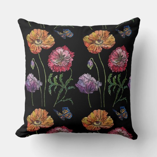 ポピーかわいらしズブラックウォーター色の花フローラ クッション (正面)