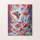 ポピーとコーンフラワーを入れた孔雀の蝶 ジグソーパズル (縦)