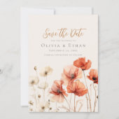 ポピーとワイルドフラワーの日付を保存 招待状 (正面)