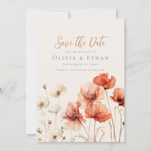 ポピーとワイルドフラワーの日付を保存 招待状 (正面)